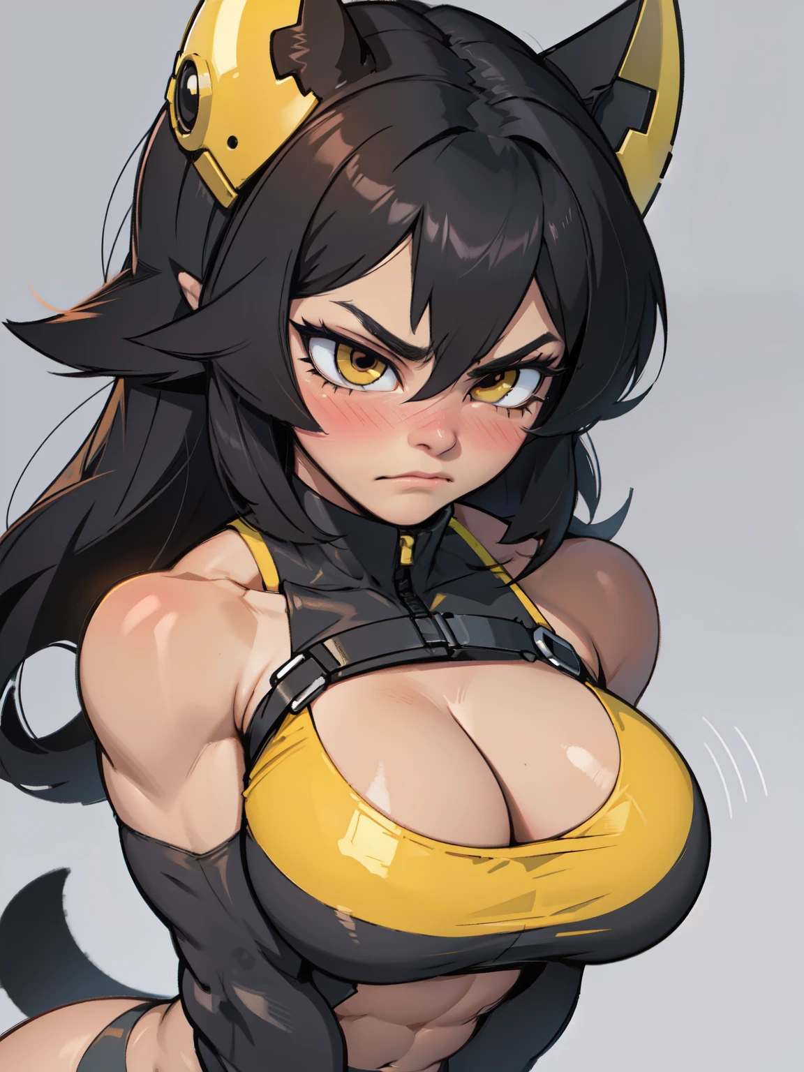 girl perfect anatomy toned body muscular girl black hair yellow eyes pale girl massive breasts sad frown blush best quality detailed eyes highly detailed, long abs