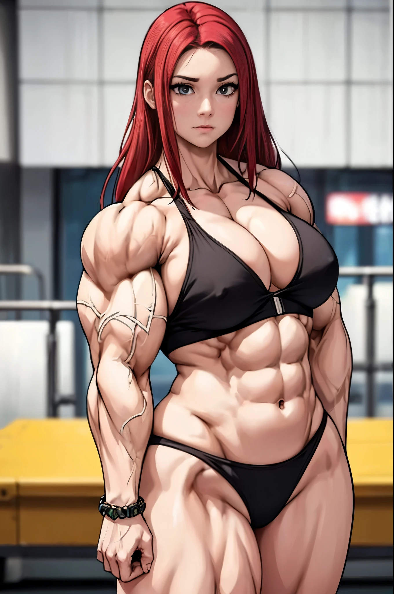 masterpiece, 4k, portrait, cowboy shot, (PLAYGROUND BACKGROUND), professional artwork, intricate details, colorful, digital blending, (ultra detailed body, ultra detail hair, ultra detail face), trending on pixiv, kind of anger, best quality, anime style: 1.9, 1girl, hires, Uzamaki Kushina, ( milf, pale skin, (extra large breasts), long hair, ((black bikini)), ((navel, belly button), slender body, slender belly, bracelet, red hair, shuted mouth, big eyes), anger, beach, wind, floating hair, detailed arms, off-shoulders, broad shoulders, (((both) hands spreading to both sides)), fancy couch, relaxing, laying, talking, looking at the viewer))), (((flexing))), (((ultra detailed arms)))). (((curvy: 1.2))),muscular,female,bodybuilder,strong,toned physique,ripped muscles,lean body,fitness enthusiast,empowered,confident,posing on the stage,determined expression,fierce competition,bulging biceps,sweat dripping,veins popping,athletic physique,intense workout sessions,strong legs,bulky shoulders,disciplined lifestyle,dedicated training regimen,fitness inspiration,endurance,unstoppable force,barbell,weights,exercise equipment,stamina,perseverance,sculpted arms,powerful presence,fitness model,athleticism,competition preparation,high-intensity training,competition stage,striking physique,mental fortitude,motivation,hard work,persistence,inspiring,admired by others