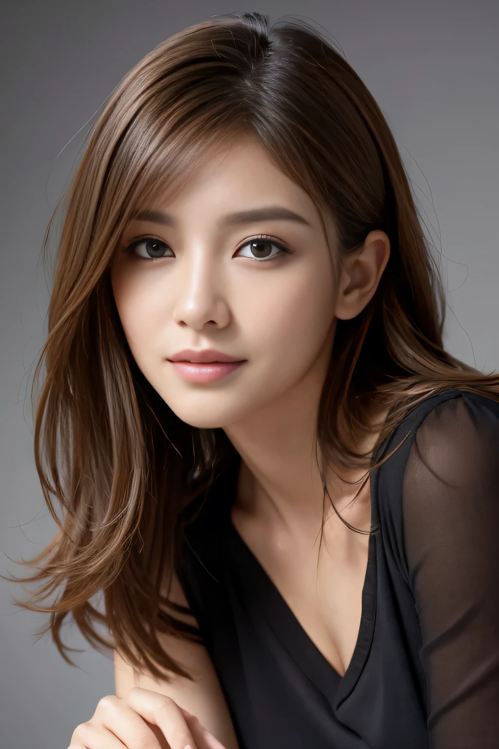 Tabletop, highest quality, Realistic, Very detailed, finely, High resolution, 8k wallpaper, One beautiful woman,, Light brown messy hair, He is wearing a black see-through open-necked shirt.。......., Sharp focus, Perfect dynamic composition, Beautiful and detailed, Thinning hair, Detailed Realistic skin texture, smile, Close-up portrait, Model Body Type、president'secretary、mini skirt、High heels、