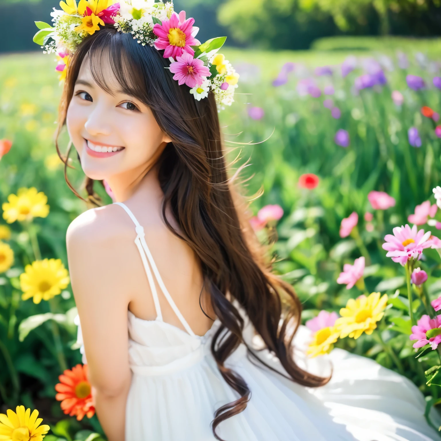 Beauty older sister、turn around、White dress、smile、Age 35、up、Flowers on the head、long hair、Colorful flowers、Flower Field、Sparkling