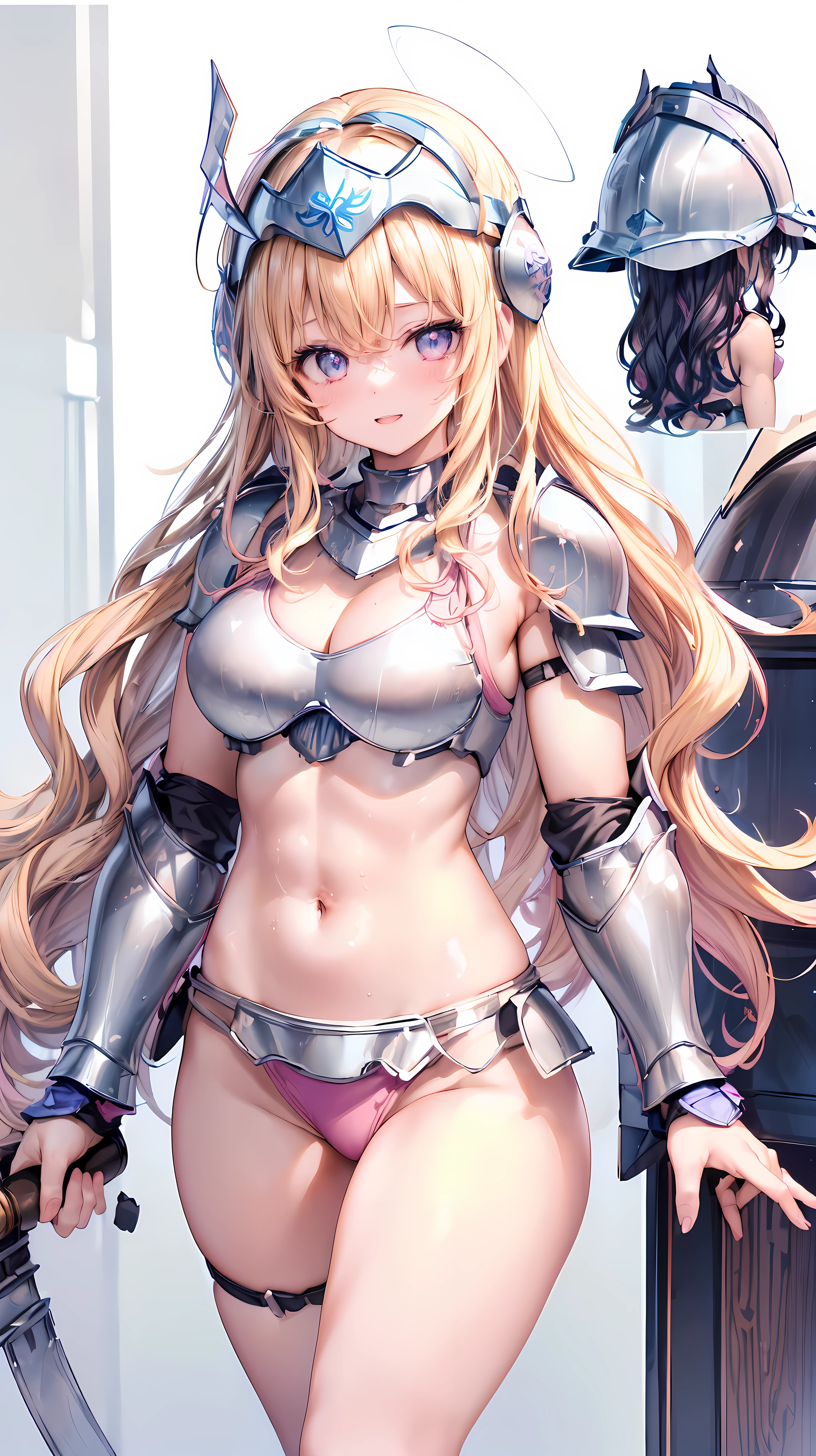 Very detailed、highest quality、Best image quality、masterpiece、8k、Anime Face、A kind smile、Open your mouth、Sparkling blue eyes、(Blonde wavy hair:1.5)、、Muscles of the whole body、camisole、Thigh belt、mini skirt、(Wearing pink bikini armor:1.5)、(Cowboy Shot:1.5)、(Leg armor:1.5)、(Wearing a helmet:1.5)