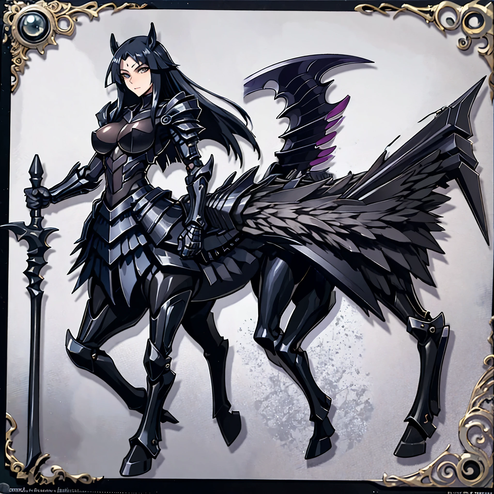 centaur girl. Her image color black. She holds a scythe in her hand. Her hairstyle shows off her forehead. lightly armored.