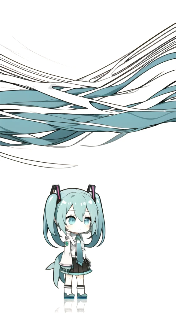 best quality, chibi, 1 girl, miku, Hatsune Miku, (full body), Pure white background,Vivid,clearly,sad face,rain,look back,View from below