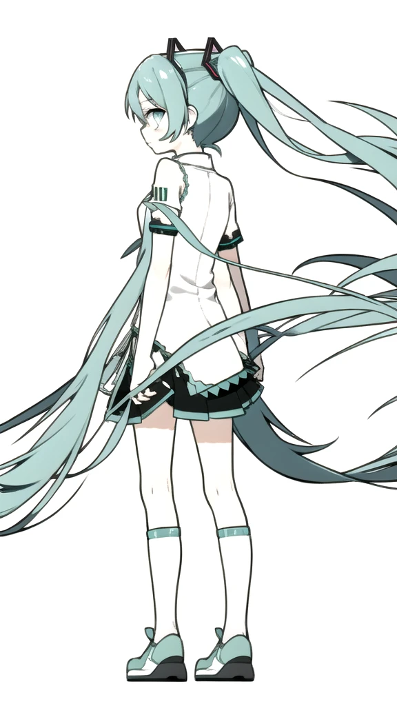best quality, chibi, 1 girl, miku, Hatsune Miku, (full body), Pure white background,Vivid,clearly,sad face,rain,look back,View from below