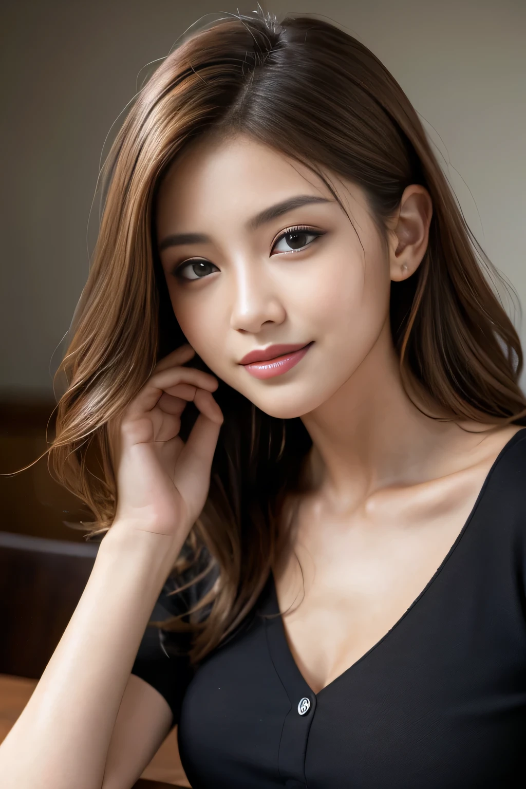 Tabletop, highest quality, Realistic, Very detailed, finely, High resolution, 8k wallpaper, One beautiful woman,, Light brown messy hair, He is wearing a black see-through open-necked shirt.。......., Sharp focus, Perfect dynamic composition, Beautiful and detailed, Thinning hair, Detailed Realistic skin texture, smile, Close-up portrait, Model Body Type、president'secretary、mini skirt、High heels、