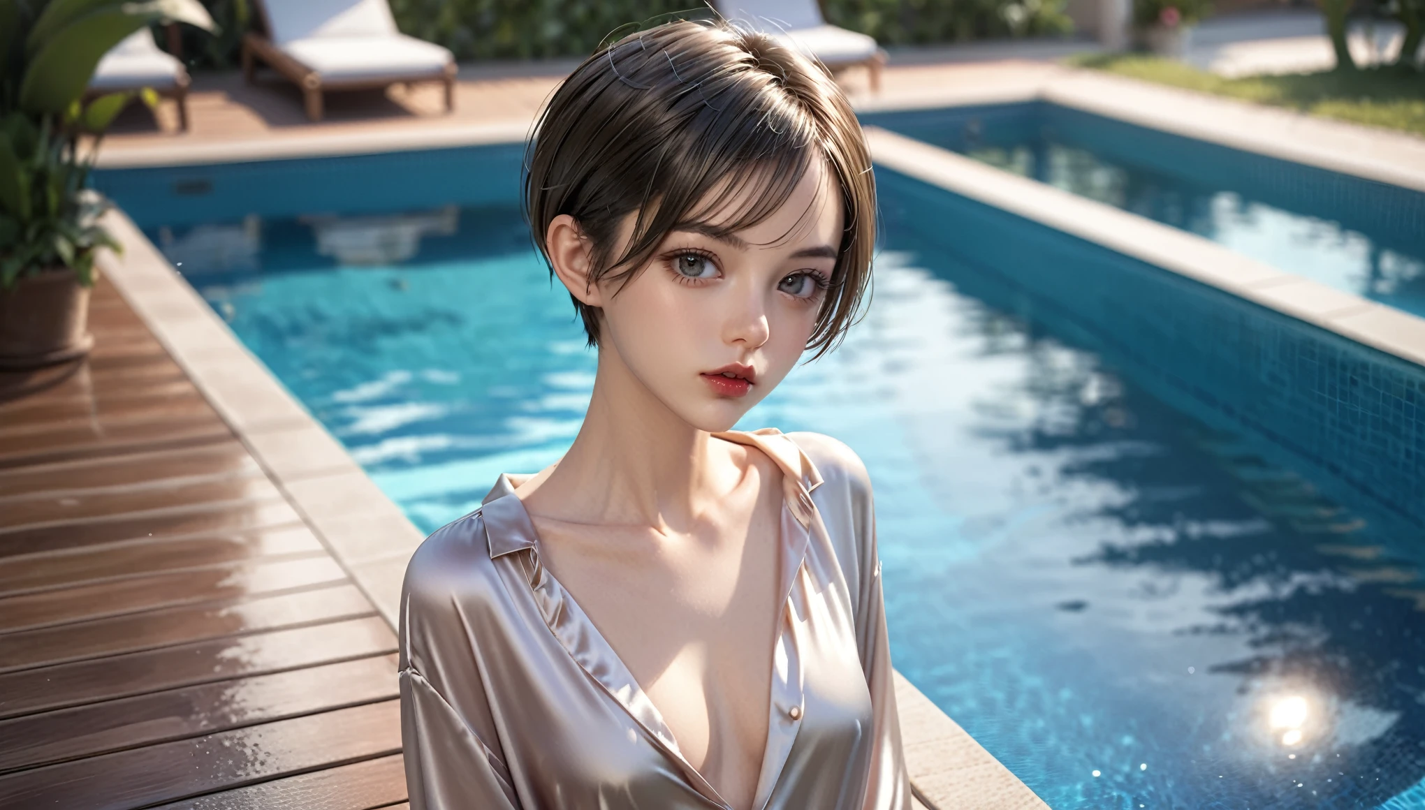 Top Quality, Masterpiece, High Resolution, 8k, (((skinny girl, oversized shiny satin shirt,  deep neckline, bare back, small perky breasts, beautiful detailed eyes, beautiful detailed lips, small closed mouth, extremely detailed face, pixie asymmetrical hair, small hips, full body sitting at the pool)))