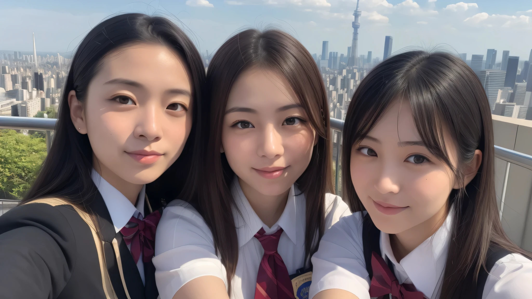 (3girl), refreshing smiles, (high school uniform), (Best Quality:1.4), Realistic, extremely detailed CG unified 8k wallpaper, highly detailed, High-definition raw color photos, professional photography, Realistic portrait, Beautiful detailed, (Fine face:1.2), Close up portrait of girl, Outdoors, Beautiful scenery, clear skies, from the top of a high-rise building, Tokyo Tower, Tokyo Sky Tree, distant contrail, Tokyo Disneyland can be seen in the background