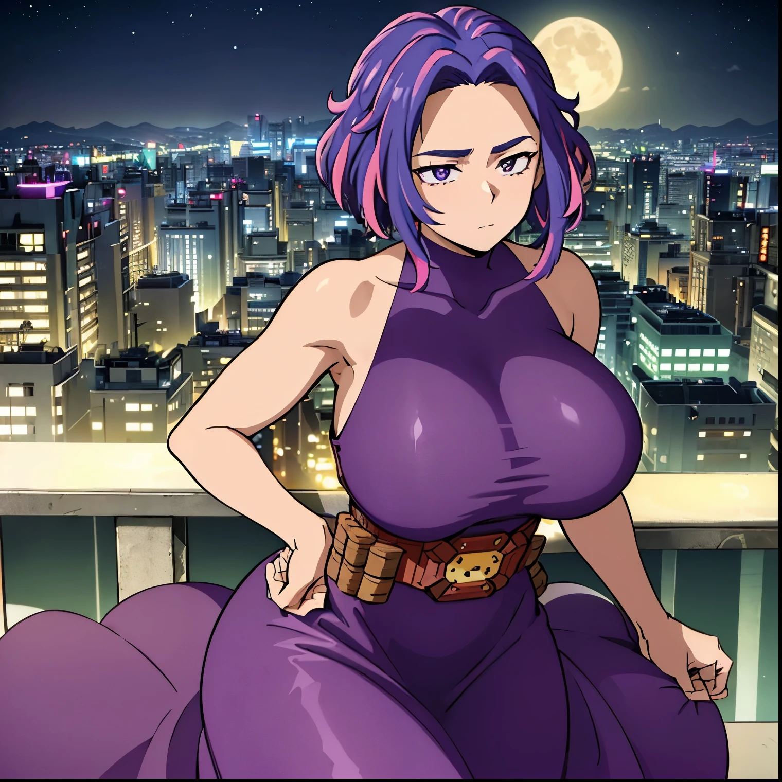 1girl, alone, lady nagant,(masterpiece, best quality, ultra detailed, beautiful illustration), atmospheric perspective, depth of field, looking at viewer, beautiful detailed eyes, anime eyes:1.4, (portrait), sexy pose, dynamic angle, (outdoors, night, giant moon, tokyo, metropolis), 1girl, neutral expression, mature woman, (huge breasts, huge ass, wide hips),  Nagant, purple hair, purple eyes, multicolored hair, short hair, sleeveless, streaked hair, pink hair, medium hair, bare shoulders, two-tone hair, dress, turtleneck, belt, collarbone, thighs, sleeveless dress, purple dress, bright pupils, white pupils, bangs, (on top of a skyscrapper:1.5, leaning against a railing:1.5, overlooking the city:1.5, city lights:1.5), perfect hands, perfect anatomy,