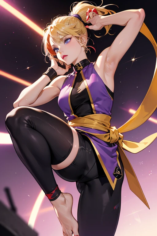 Nina has blue eyes and blonde hair tied in a ponytail. outfit consists of a skin tight purple and black outfit with a yellow sash around her waist. The outfit is sleeveless and the bottoms are tight leggings. The outfit is accessorized with a black cuff around her ankle and black armbands around her wrists. She has a red hair band, and her nails and lipstick are also red. She fights barefoot, revealing her to have red toenail polish on. SPARKLE; GLITTER