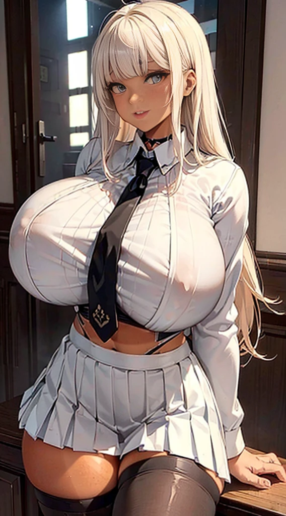 One Girl, High quality, Ultra detailed, best quality, insanely detailed, beautiful, masterpiece, cute, smile,((Short pleated skirt, White blouse, Schools in South Korea:1.3)), sexy, A girl showing off her attractive breasts, ((Platinum Blonde Hair, Long Hair)),Pink Orb, fine grain, Beautiful Eyes, Delicate eyes, ((Hourglass Shaped Body, sexy body)), Correct Anatomy, Correct limbs, ((Huge breasts:1.6)), Juicy lips, Pouting, [Detailed Background (Schools in South Korea, South Korea Colleges and Universities, Seoul, South Korea)]BREAK((black thigh high socks)),((Side Shot)),((View from between the legs)),((tan skin:1.6))