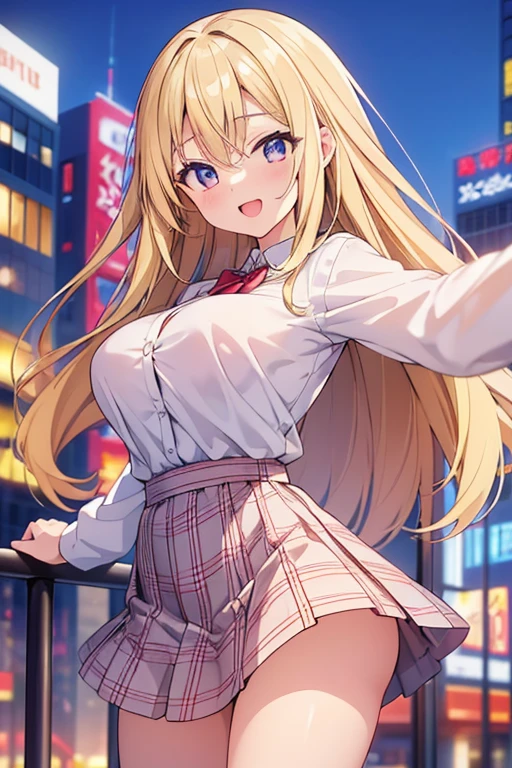((Naughty woman 、、Blonde)), ((Wearing a white shirt and a checked skirt)), Baby Face, ((masterpiece, highest quality, Ultra high definition, High resolution)), Anime Girls, ((Ultra-detailed illustrations:1.2)), Just One, bangs, Hair between the eyes, Beautiful Hair, close your eyes, Ample breasts, Big smile, Mouth open, Cityscape, Spread your arms, Hold out your hands to the audience