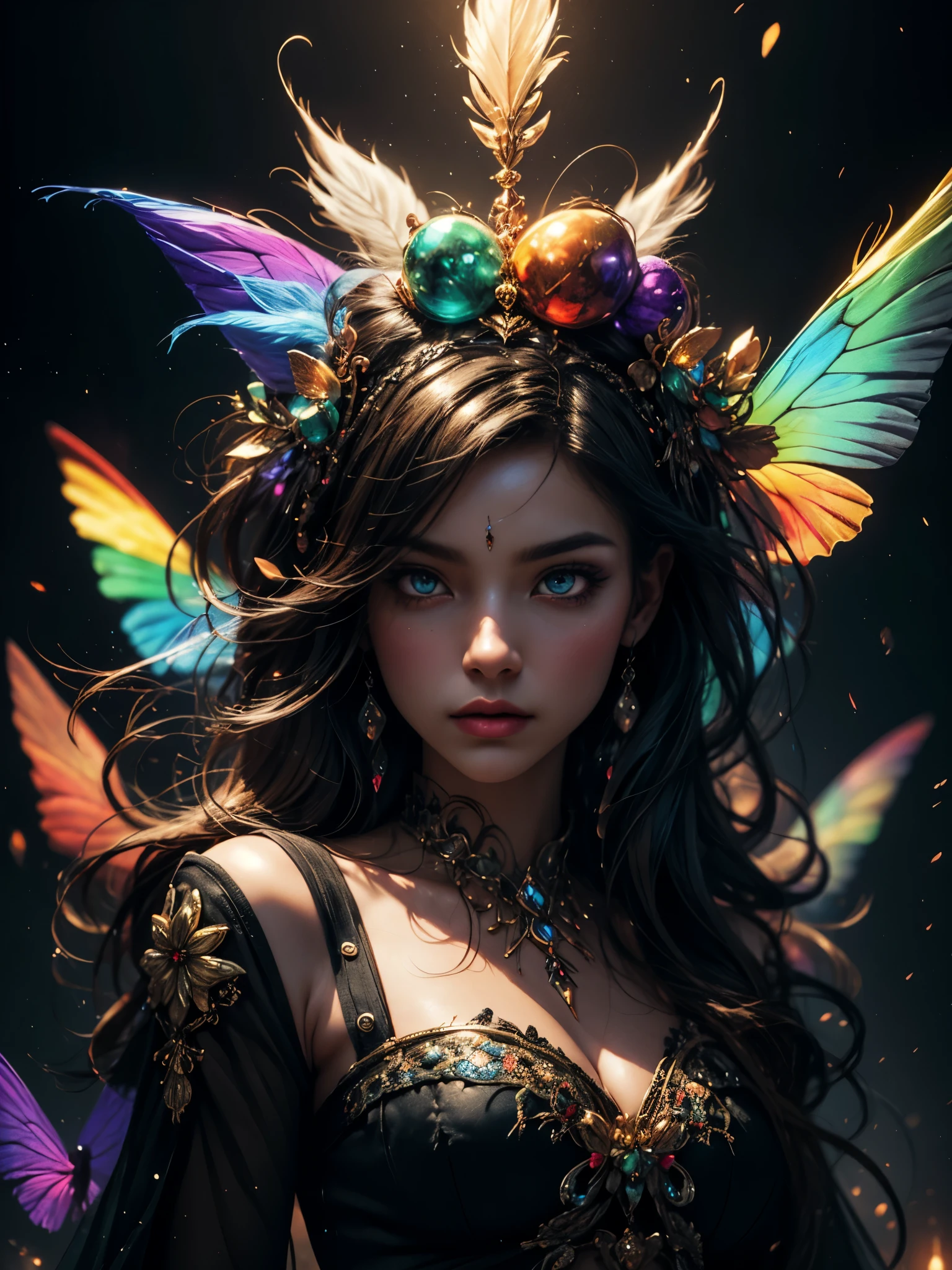 ((((Important: This image should be colorful and utilize all colors of the rainbow.)))), (((masterpiece))), (((best quality))), ((ultra-detailed)),(highly detailed CG illustration), ((an extremely delicate and beautiful)),cinematic light, Create a stunning fantasy artwork that mimics the style of currently trending masters of the genre. The art piece should contain elements of both mythic fantasy and fairytale fantasy with colorful accents. The character in the artwork is a delicate but strong figure with an aura of mystery and magic. The character should be with subtle . Pay close attention to intricate facial features, such as mesmerizing eyes with vibrant colors and delicate shading. The character's clothing should be designed with gossamer feathers, silk, stunning embroidery, and subtle iridescent details. Incorporate vibrant colors, dynamic lighting, and detailed background elements to create a sense of awe and immersion. Include colorful flying magical birds and jewel-toned butterflies radiating a magical aura. Consider the latest trends in fantasy art, such as incorporating unique lighting effects, exploring dynamic and compelling composition techniques, and experimenting with unique color palettes. Take inspiration from the top artists on ArtStation and Midjourney. Camera: Choose an angle that highlights the character's beauty and enhances the magical majesty of the artwork. Lighting: Utilize atmospheric lighting techniques to create depth and mood. Resolution: Aim for a high-resolution artwork to showcase intricate details and clarity. Art Inspirations: Seek inspiration from the trending artists on ArtStation, exploring different styles, genres, and themes. 