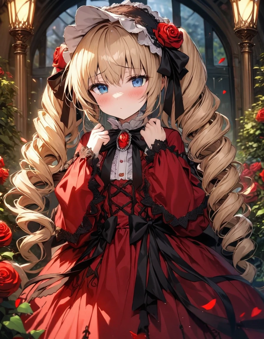 absurdres, highres, ultra detailed, HDR, master piece, best quality, Shinku, Rozen Maiden, light blonde hair, kept in two twin tails tied at the back of her head, expressive blue eyes, wearing a red gown with a matching shawl and bonnet as accessories, the bonnet is fastened with a black ribbon, which is tied into a bow at her neck and held in place with a red rose brooch, solo, woman, extremely beautiful, pretty, garden, red roses, red petals
