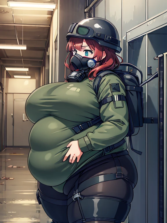 Massively obese black tactical soldier girl, fat rolls, short auburn hair, (obese belly):1.4, (obese thighs):1.4, bbw, wide hips, action, backpack air tank, tubes, armored bodysuit, respirator, large ass, ussbbw, (soldier helmet):1.3, gas mask, extremely chubby,  BREAK metal walls, facility, hallways, factory, sheet metal, abandoned, vent, toxic gas, green mist, green, poison