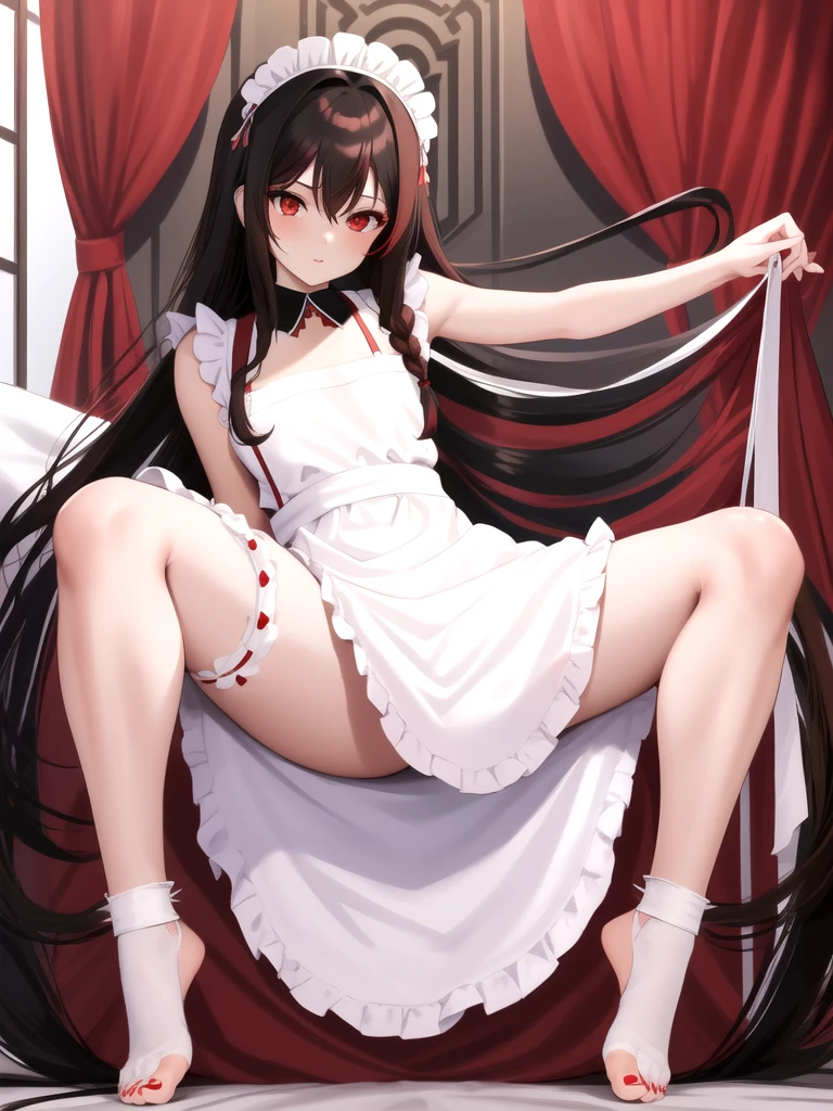 red eyes, black hair, open long hair, bangs, braid
skinny body,solo,maid,maid headdress,looking at viewer,apron,brown hair,bedroom,black hair, feet focus,two feet, perfect limbs, perfect anatomy, nsfw