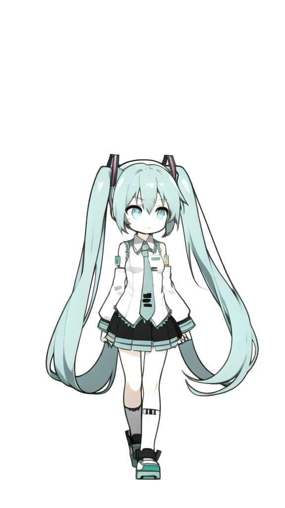best quality, chibi, 1 girl, miku, Hatsune Miku, (full body), Pure white background,Vivid,clearly,sad face,rain,Walking
