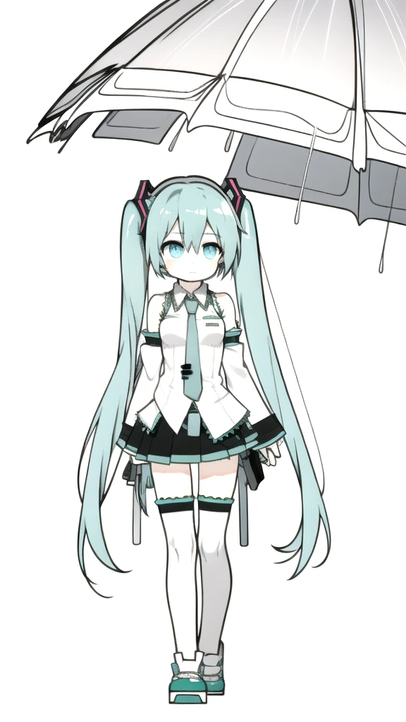 best quality, chibi, 1 girl,  miku, Hatsune Miku, (full body), Pure white background,Vivid,clearly,sad face,rain,Walking