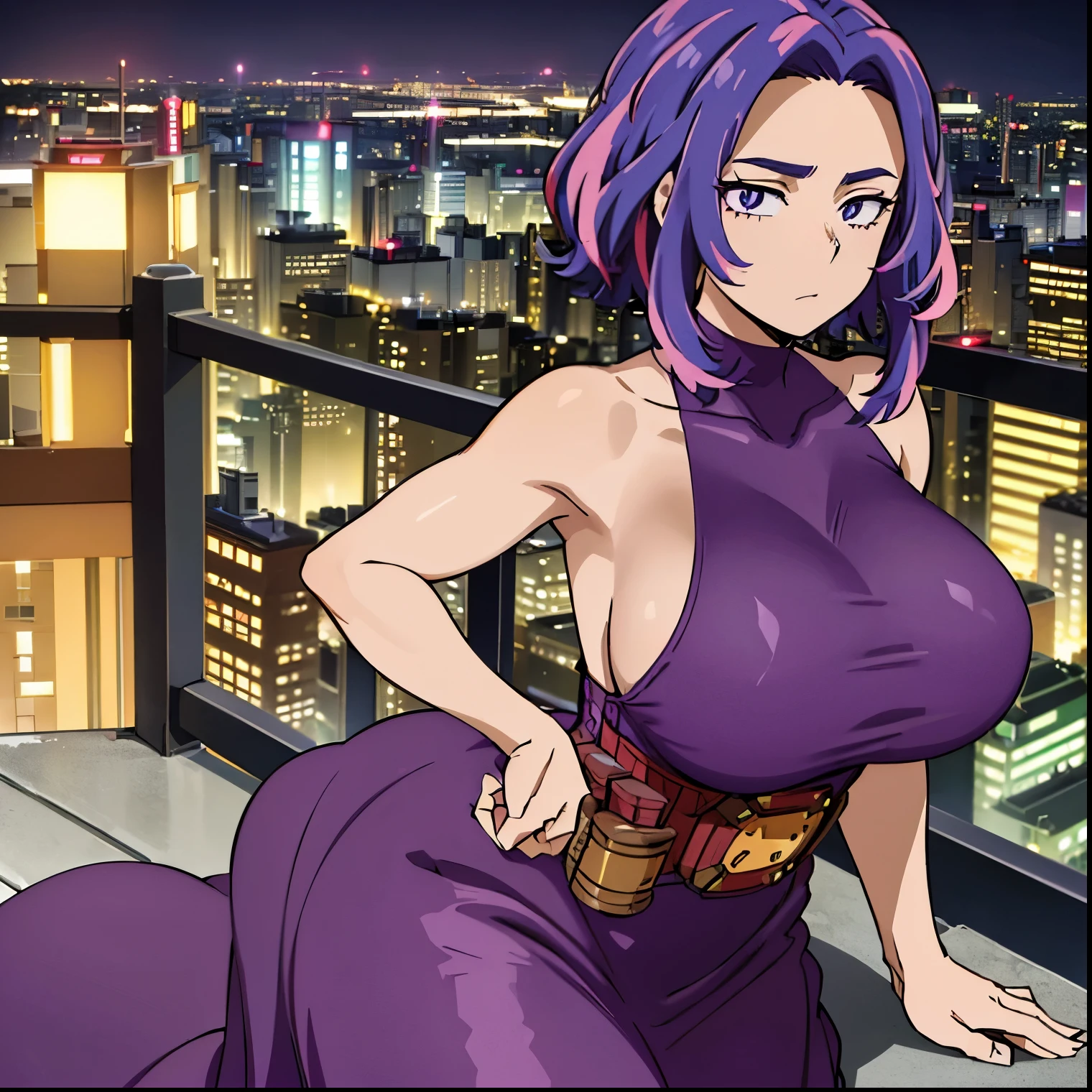 1girl, alone, lady nagant,(masterpiece, best quality, ultra detailed, beautiful illustration), atmospheric perspective, depth of field, looking at viewer, beautiful detailed eyes, anime eyes:1.4, (portrait), sexy pose, dynamic angle, (outdoors, night, giant moon, tokyo, metropolis), 1girl, neutral expression, mature woman, (huge breasts, huge ass, wide hips),  Nagant, purple hair, purple eyes, multicolored hair, short hair, sleeveless, streaked hair, pink hair, medium hair, bare shoulders, two-tone hair, dress, turtleneck, belt, collarbone, thighs, sleeveless dress, purple dress, bright pupils, white pupils, bangs, (on top of a skyscrapper:1.5, leaning against a railing:1.5, overlooking the city:1.5, city lights:1.5), perfect hands, perfect anatomy,