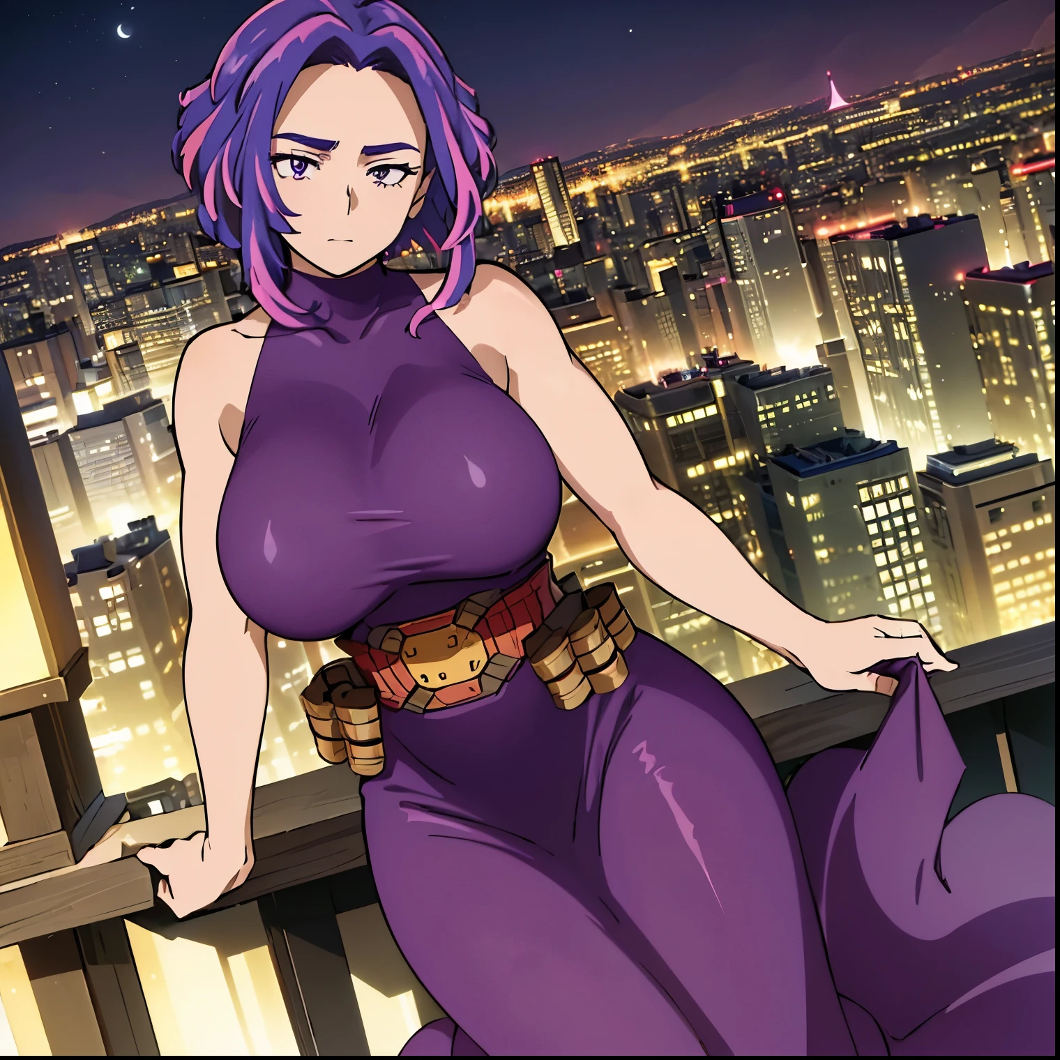 1girl, alone, lady nagant,(masterpiece, best quality, ultra detailed, beautiful illustration), atmospheric perspective, depth of field, looking at viewer, beautiful detailed eyes, anime eyes:1.4, (portrait), sexy pose, dynamic angle, (outdoors, night, giant moon, tokyo, metropolis), 1girl, neutral expression, mature woman, (huge breasts, huge ass, wide hips),  Nagant, purple hair, purple eyes, multicolored hair, short hair, sleeveless, streaked hair, pink hair, medium hair, bare shoulders, two-tone hair, dress, turtleneck, belt, collarbone, thighs, sleeveless dress, purple dress, bright pupils, white pupils, bangs, (on top of a skyscrapper:1.5, leaning against a railing:1.5, overlooking the city:1.5, city lights:1.5), perfect hands, perfect anatomy,