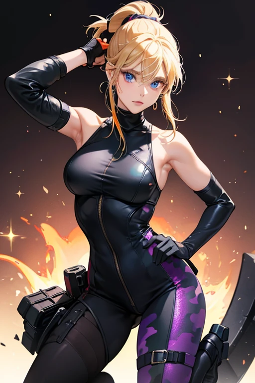 Nina has blue eyes and blonde hair tied in a ponytail. outfit is a skintight sleeveless dark purple turtleneck short dress.is a skintight green camouflage bodysuit with a low neckline that reveals her chest and is laced at the bottom. On the back of the bodysuit is a white design in the shape of a head of samurai armor, surrounded by an orange flame. She wears black leather gloves with silver bracelets around the wrists, black leather boots that reach just below her knees, red earrings, and a black hair tie. SPARKLE; GLITTER