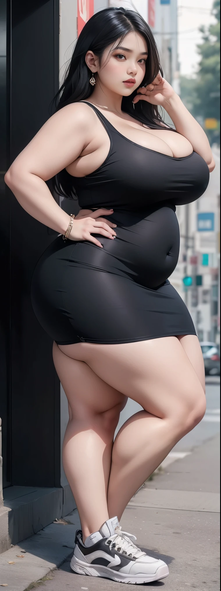 Gadis 16 tahun, tubuh chubby ,   pose acak di ruangan hitam, memakai sneakers warna merah, ???????? kecil, paha tebal, , thick arm, hot , , fat belly, long dressed , SFW,  ,   , Wide cleavage, ?????, large cleavage , massive thighs 