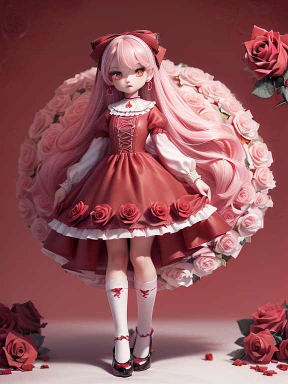 //fashion
(Pastel Red Theme:1.3),((Rose Gothic Dress with Rose Pattern:1.4)),(Roses:1.3),(Big red ribbon:1.3),(Rose Earrings:1.2),(White knee-high socks:1.3),(Vibrant colors:1.3),(Face close-up:1.2),(Rose garden background:1.6),(Background full of roses:1.5)