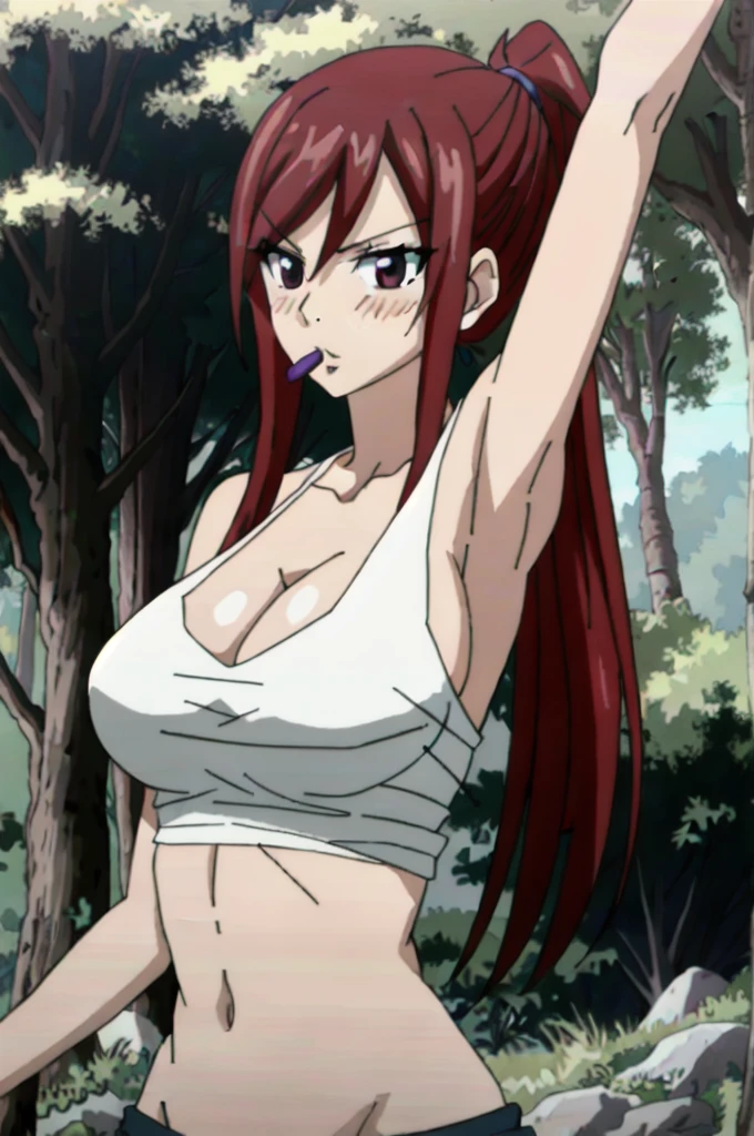 best quality, hires, Scarlet erza, (tiny black bikini only), location: wresting colosseum with crowd watching, adult woman, big breasts, lying down, cowboy shot, best quality, ((right shoulder)), slightly strong arms, looking at viewer, important: shoulder tattoo only), big smile, (broad shoulders, strong arms), perfect body, no injuries, knocked down, clean body, from left side, win pose, ((opens her arms wide, slightly stretching))