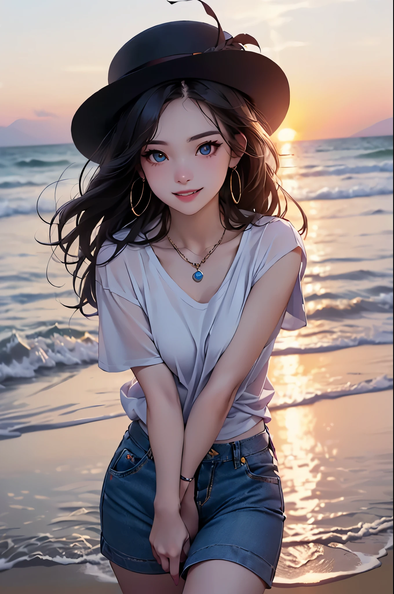 ((Biologically correct limb count))、((Full Body Shot, Full-body photo including face))、4K、masterpiece、((Focus on the face))、((Symmetrical facial features))、Eyes of meticulous depiction、Beautiful woman、Excellent style、Beautiful feet、(High heels）、Facial detailing、Small earrings、necklace、((Close-up photo of the upper body))、(Upper body T-shirt、Denim skirt）、With the sunset over the sea as a backdrop、A big smile、Scene of walking on the beach、Looking at the hat that flew away、