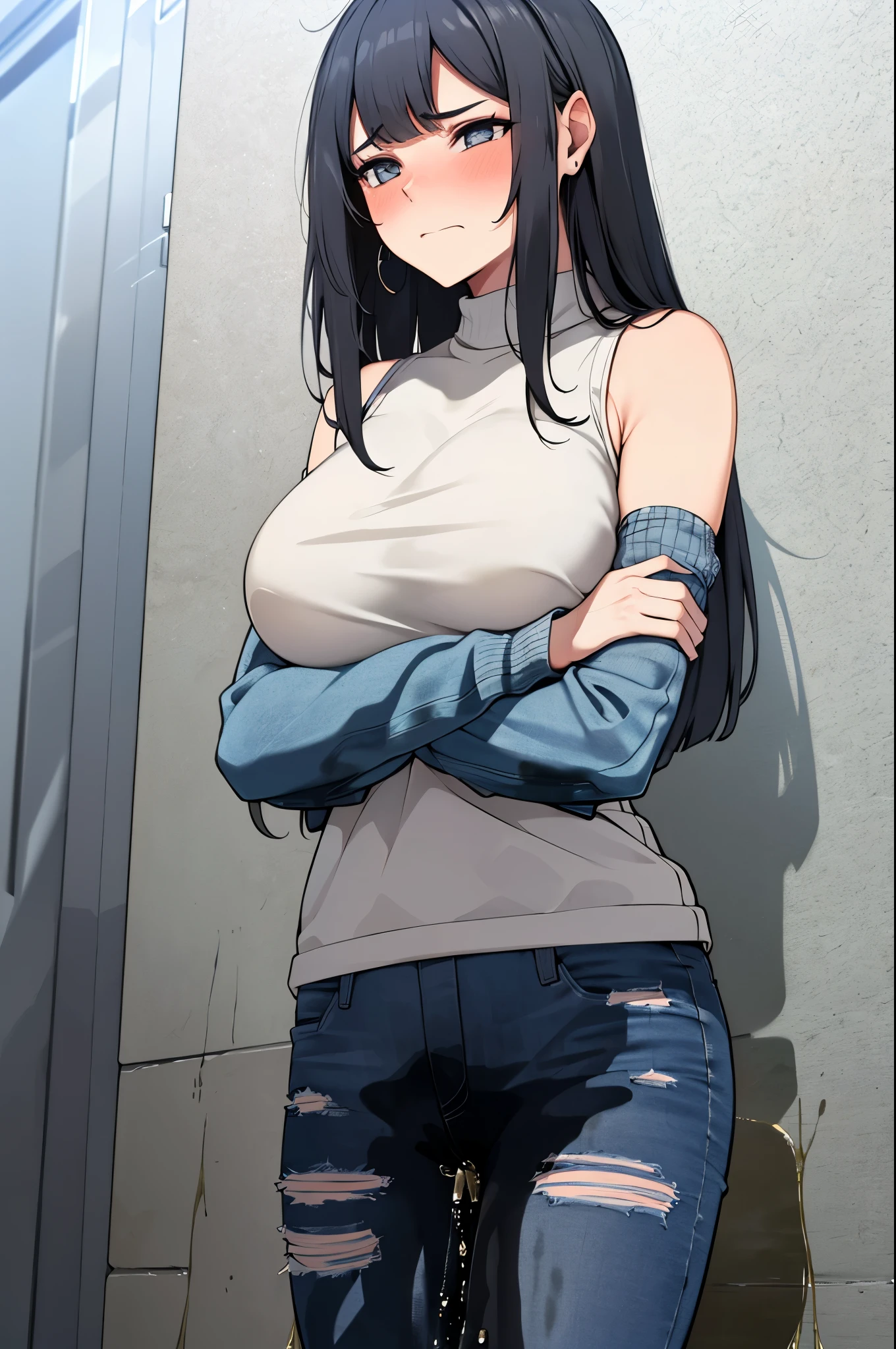 A woman with very long black hair and (very long bangs:1.5), wearing a stylish jacket and tight jeans, standing. The artwork is inspired by manga and incorporates a doujin style. The woman appears to be (wetting herself:1.5), which causes her to feel embarrassed and humiliated, resulting in a blush on her face. In addition, there is an air of anger in her expression. The lighting in the scene is moody, with a spotlight highlighting the woman's figure. She is crossing her arms, (arms crossed:1.5), fully showcasing her jeans., large breasts