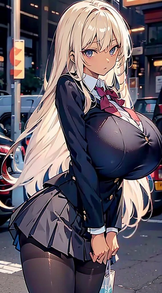 Anime girl cosplay、((side Shot:1.3)), ultra-detailliert, Beautiful, masterpiece, Best Quality, detailed beautiful round eyes, beautiful and detailed face, a blond、long hair, (Huge breasts:1.6), Young Woman, ((despise))、((school blazer))、(((pleated skirt))), Perfect face, Perfect thicc body, Street, Gray eyes、(Show your legs)、(looking through legs),((Solo / Solo Focus)),beauty legs,BREAK((pantyhose)),BREAK((dark tan skin))