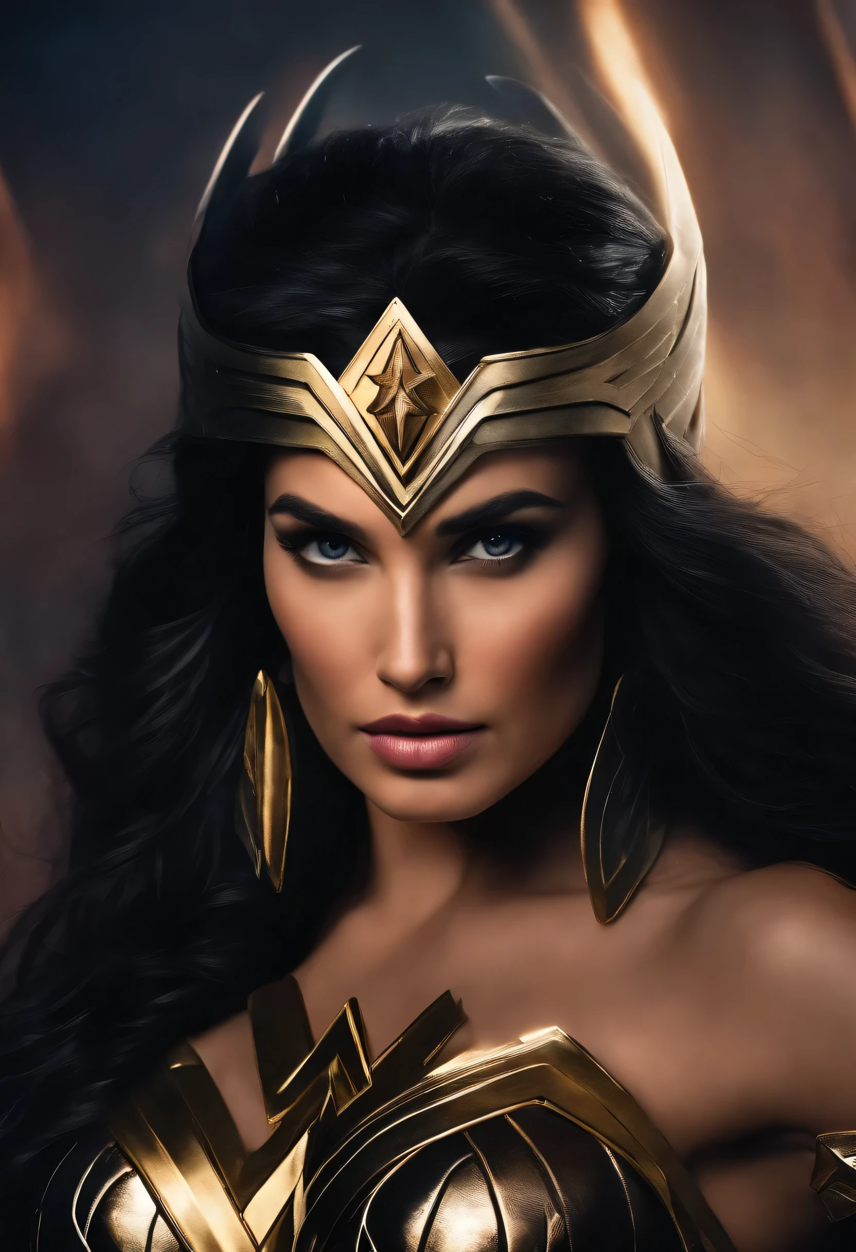 Jamie Alexander under the mantle of the Amazon warrior Wonder Woman long black hair perfect face updated costume Wonder Woman surreal and cinematic image ((Tiara))