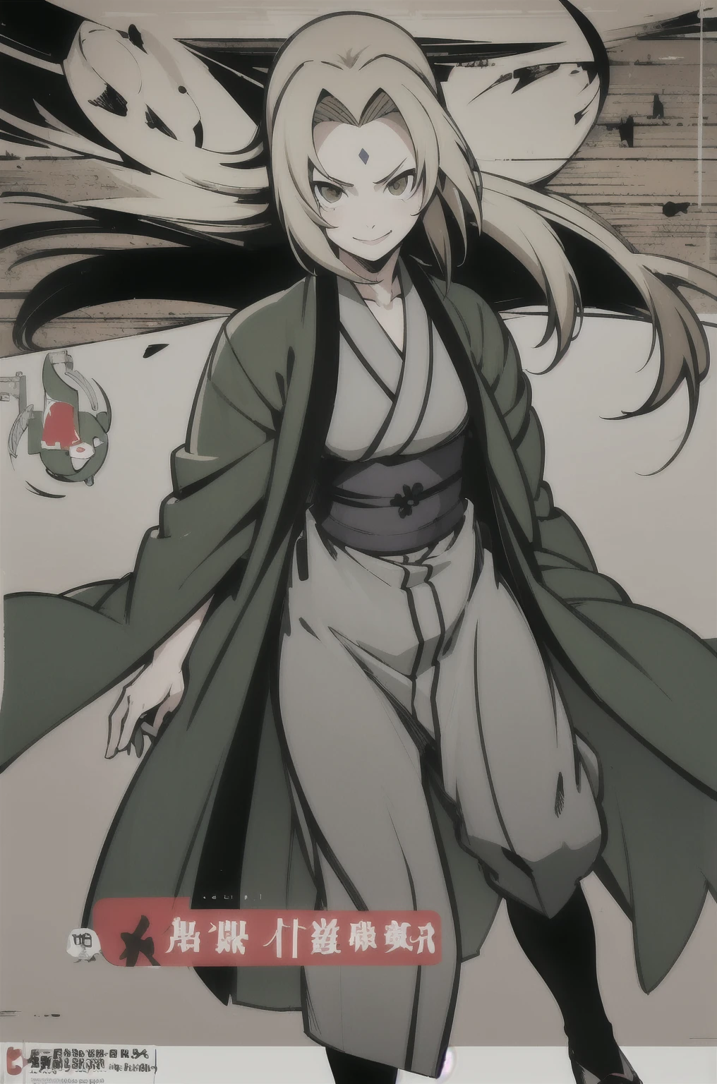 (masterpiece, highest quality:1.2), alone, One Girl, Tsunade Defense, Forehead mark, smile, View your audience, Hands on hips, kimono, Green haori, Gray kimono, sash, pants 