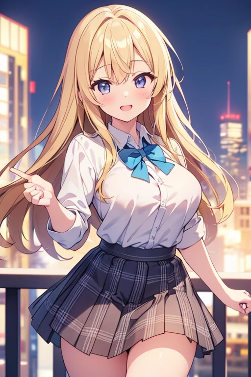 ((Cute blonde high school student)), ((Wearing a white shirt and a checked skirt)), Baby Face, ((masterpiece, highest quality, Ultra high definition, High resolution)), Anime Girls, ((Ultra-detailed illustrations:1.2)), Just One, bangs, Hair between the eyes, Beautiful Hair, close your eyes, Ample breasts, Big smile, Mouth open, Cityscape, Spread your arms, Hold out your hands to the audience