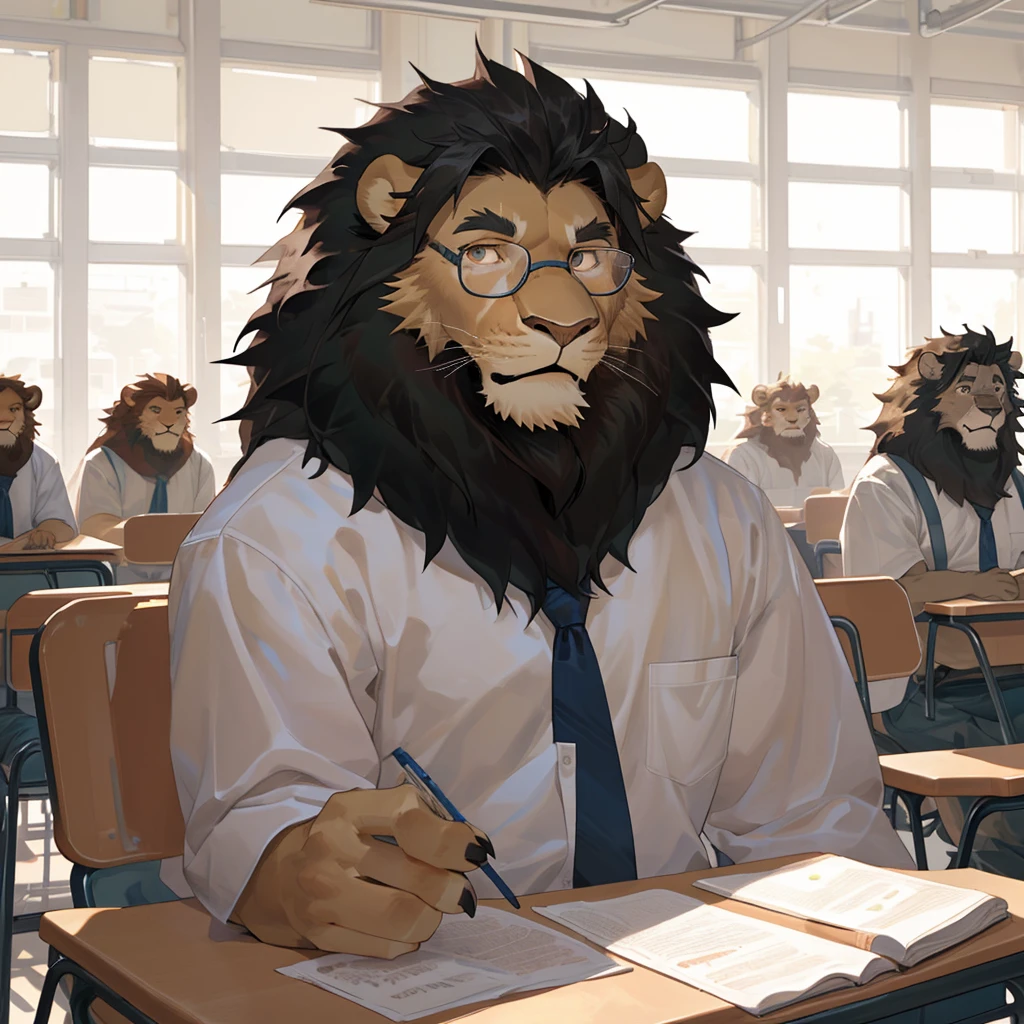 School,lion,glasses,(by Gomtang),(ultra detailed),(4k),(detailed face),(detailed body)
