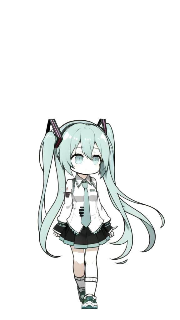 best quality, chibi, 1 girl, miku, Hatsune Miku, (full body), Pure white background,Vivid,clearly,sad face,rain,running