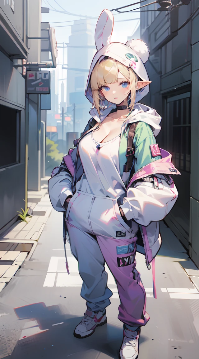 Wearing tech clothes、Elf woman in a bunny suit, Pose for photos in the city, hip hop Aesthetics, Cabin core. (Ultra-high quality), (1 Weird Girl), (Beautiful elf girl), (Perfect full body), adult body, (Large Breasts, E cup:1.2),Large Breasts, [特写Cleavage]]]]Huge long saggy breasts, Cleavage, The chest is more exposed，Thighs are thicker、 Work clothes, A faint smile, fresh, (Asymmetrical bangs:1.3), braided bun, short hair, Very detailed face and eyes, Perfect lips, (White Blonde, Deep blue eyes:1.1), (Wearing a cropped bunny hoodie:1.2), Capri sweatpants, Hands in pockets, Pair with comfortable sneakers, Immersive Background, natural lighting, Cyberpunk, Science fiction, The Art of Mathematics, Aesthetic, masterpiece, High Detail, Ultra-high resolution. author：Yusuke Murata.