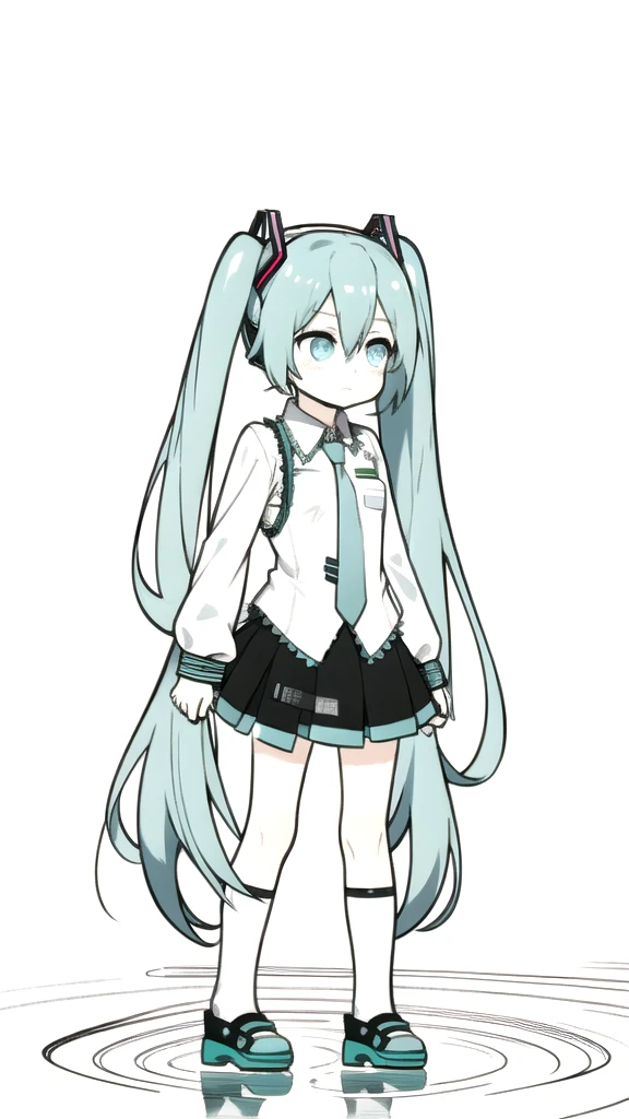 best quality, chibi, 1 girl, miku, Hatsune Miku, (full body), Pure white background,Vivid,clearly,sad face,rain,Walking
