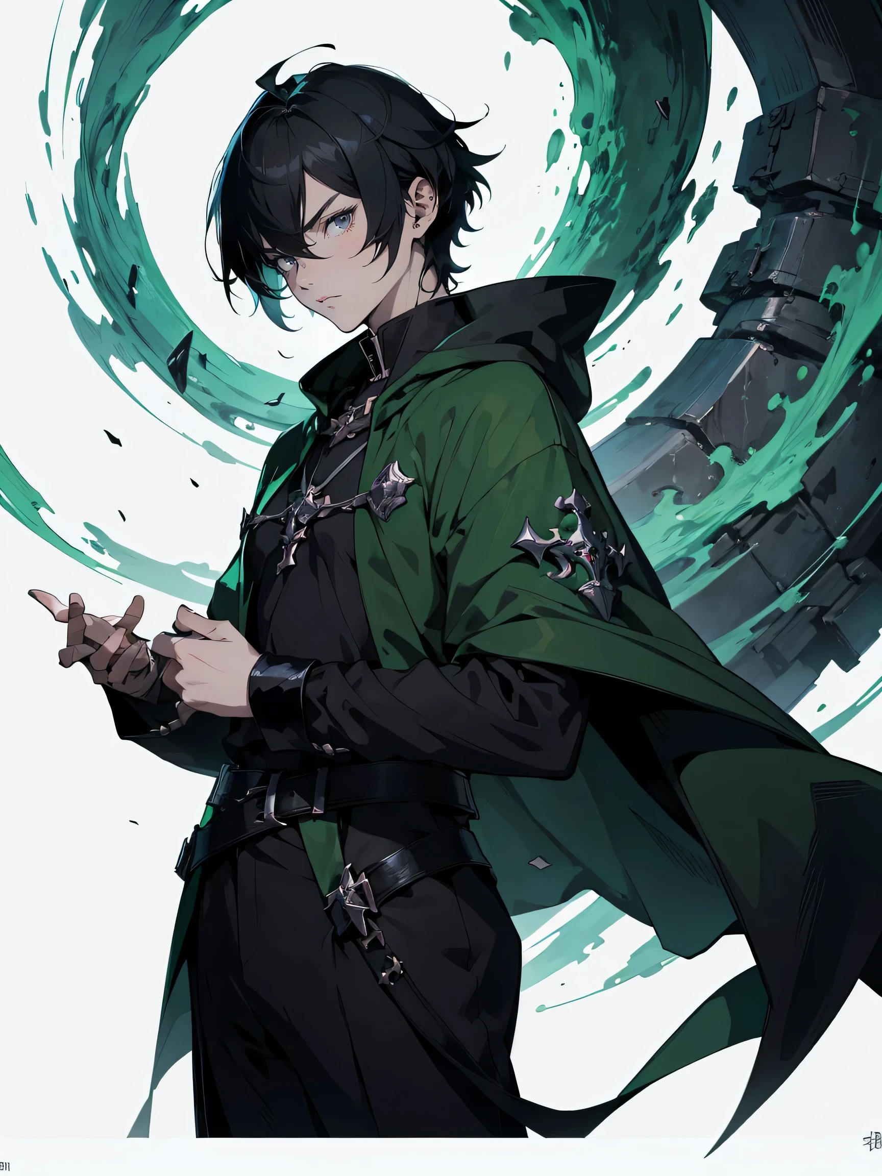Anime - Stylistic image of a man in a green cloak and a black cape, casimir art, Beautiful androgynous prince, guy in demon killer art, picture of a male cleric, official character illustration, androgynous prince, inspired in kris from deltarrune, offcial art, official character art, dressed like a cleric, black eyes, black hair
