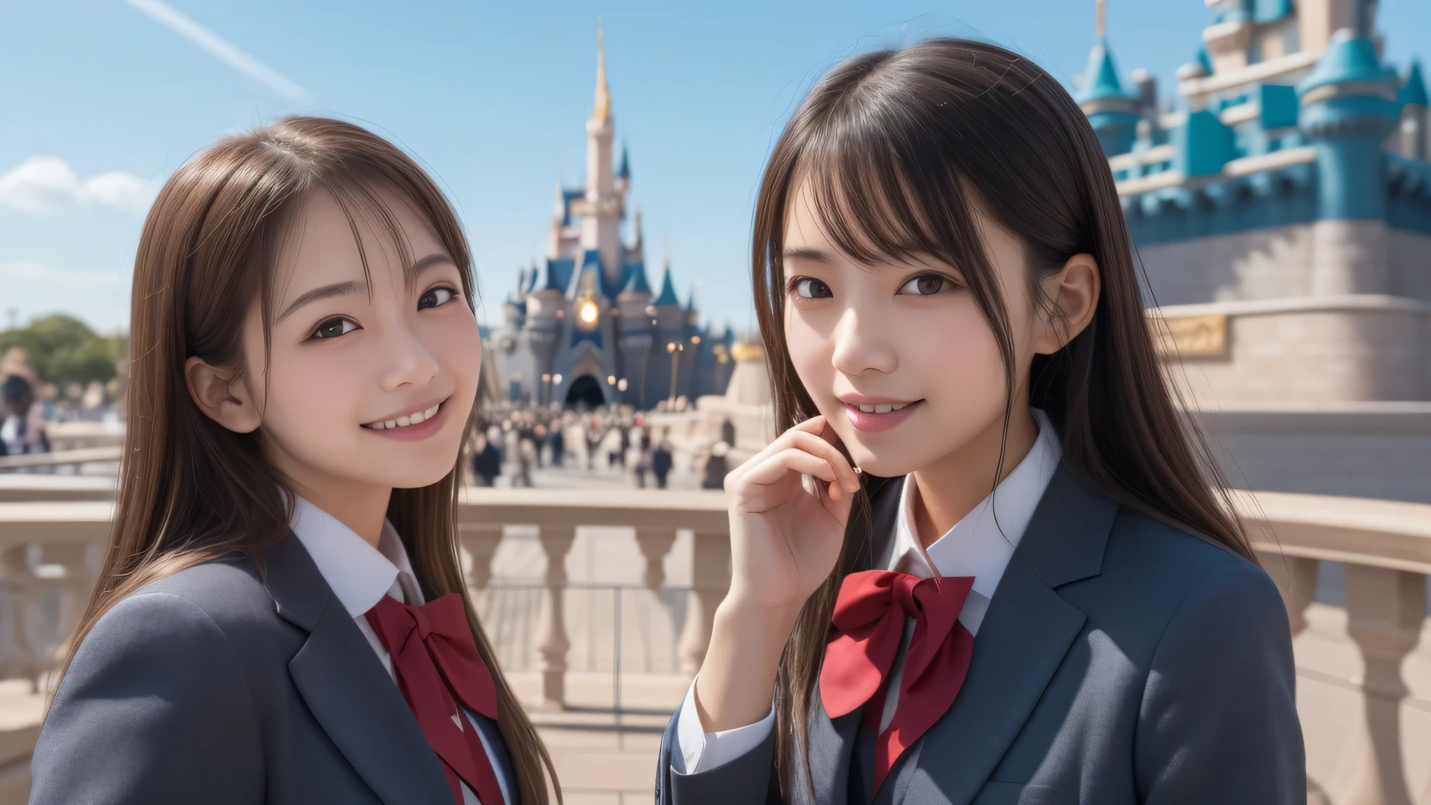 (2girl), refreshing smiles, (high school uniform), (Best Quality:1.4), Realistic, extremely detailed CG unified 8k wallpaper, highly detailed, High-definition raw color photos, professional photography, Realistic portrait, Beautiful detailed, (Fine face:1.2), Close up portrait of girl, Outdoors, Beautiful scenery, clear skies, from the top of a high-rise building, (Tokyo Disneyland can be seen in the background:1.2)