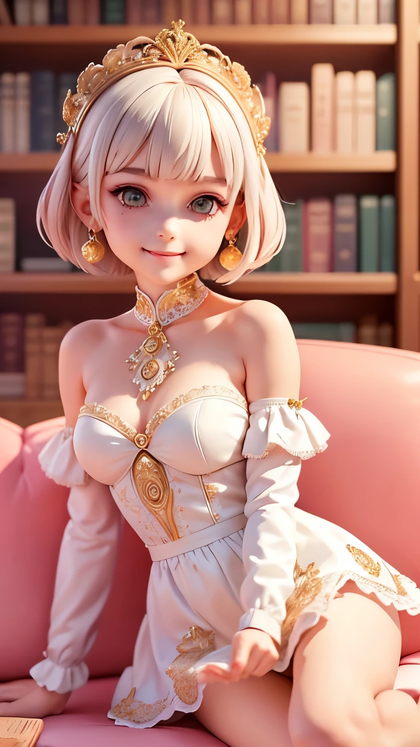 (masterpiece),(highest quality),(Very detailed), (whole body:1.2), One girl,,cute, smile, white bob haircut, Golden Eyes, Earrings, White ruffled dress, Lace legwear, (Sitting facing forward on a pink sofa),smile, Behind the sofa is a large bookshelf.、There are many books on the bookshelf, (Beautifully detailed face), (Beautiful fine details),