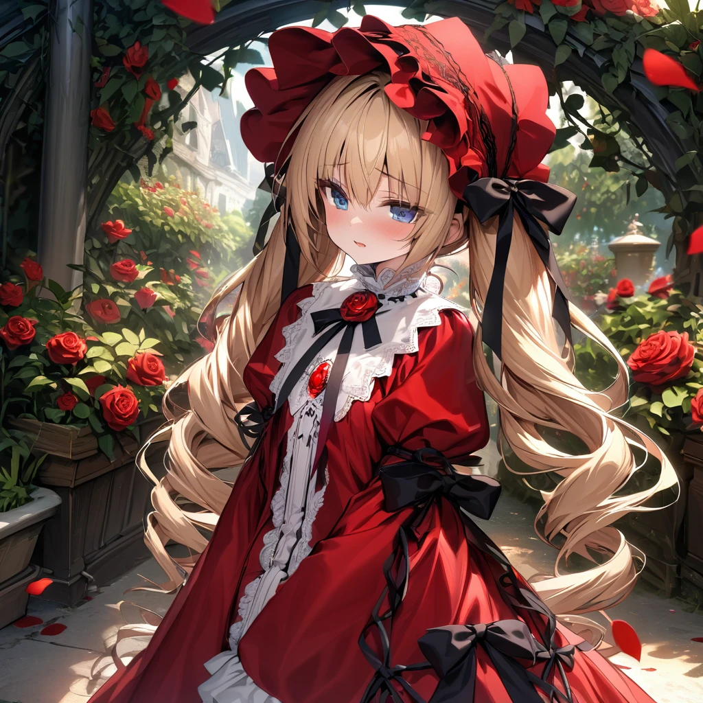 absurdres, highres, ultra detailed, HDR, master piece, best quality, Shinku, Rozen Maiden, light blonde hair, kept in two twin tails tied at the back of her head, expressive blue eyes, wearing a red gown with a matching shawl and bonnet as accessories, the bonnet is fastened with a black ribbon, which is tied into a bow at her neck and held in place with a red rose brooch, solo, sexy woman, extremely beautiful, pretty, garden, red roses, red petals