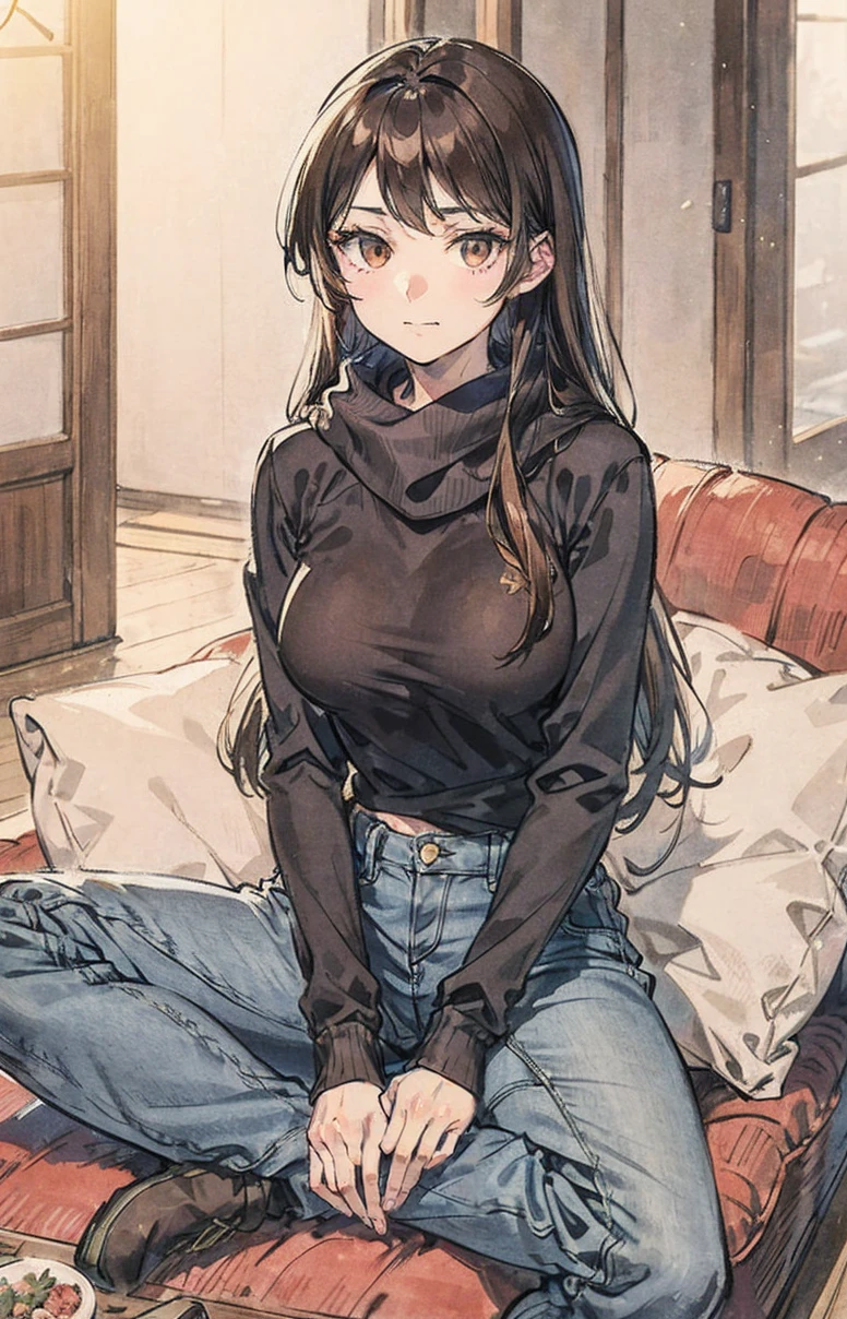 bell, Japanese cartoons, Brown hair, Medium breasts, Brown eyes, A faint smile, jeans, scarf, Grey sweatshirt, Blue pants, sitting, Cross-legged, Inside the smart home, sitting on the couch, Asada Shino's face, Japanese cartoons Sword Art Online, best quality