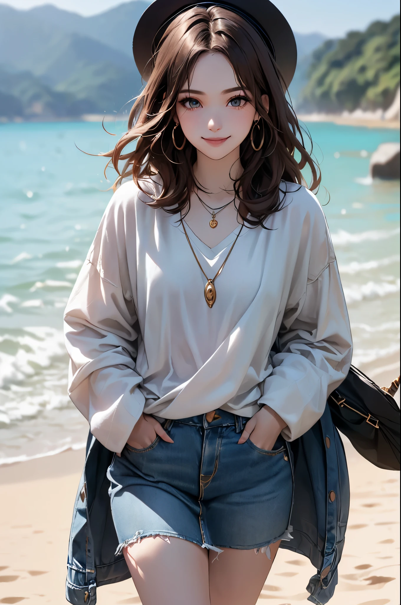 ((Biologically correct limb count))、((Full Body Shot, Full-body photo including face))、4K、masterpiece、((Focus on the face))、((Symmetrical facial features))、Eyes of meticulous depiction、Beautiful woman、Excellent style、Beautiful feet、(High heels）、Facial detailing、Small earrings、necklace、((Close-up photo of the upper body))、(Upper body T-shirt、Denim skirt）、Strong sunlight、A big smile、Scene of walking on the beach、holding a hat、
