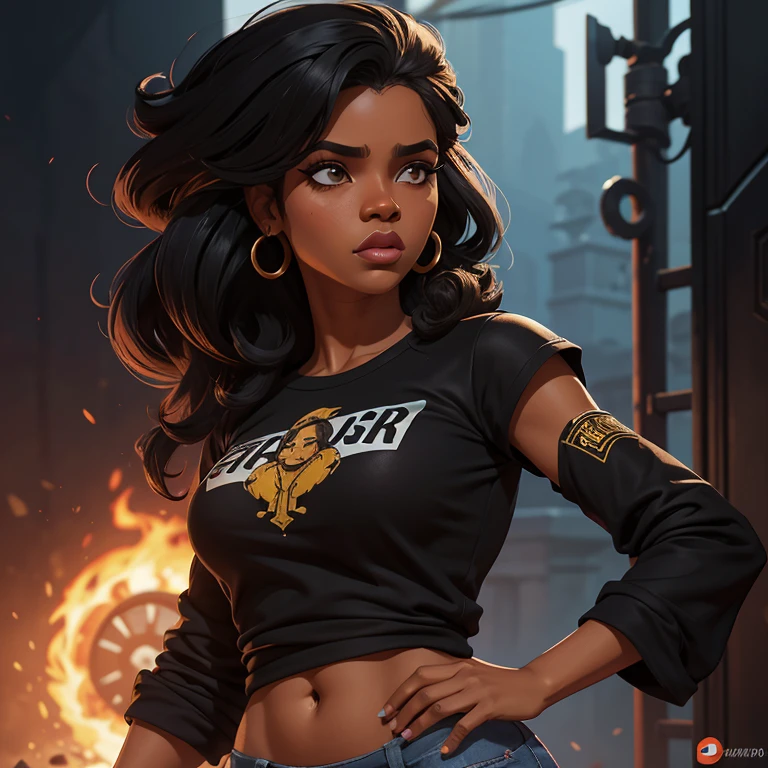 Personagem feminina estilo game free fire, garota negra ((cabelo castanhos escuro cacheado juba ondulado )) 20 anos, blusa gola preta cabelo amarrado, olhos um pouco puxado tipo chinesas