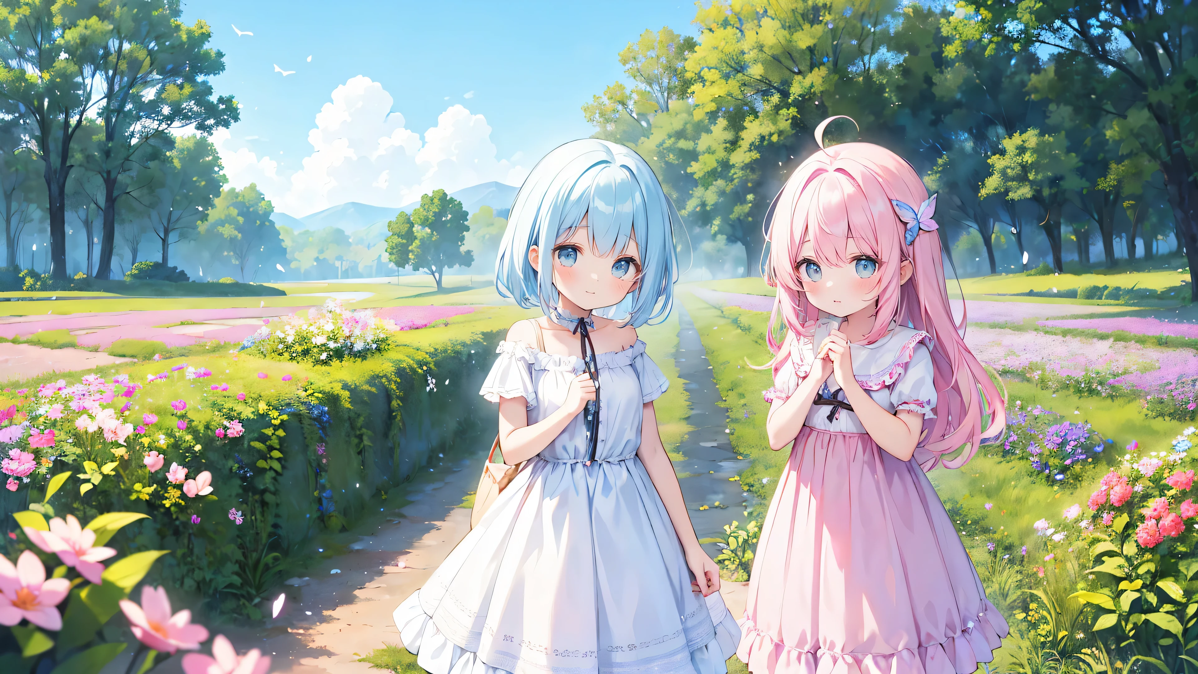 Two pure and innocent girls,、2 people(Pink-haired person、1 Name Light Blue Hair)、Cute face、Beautiful Eyes、White skin、Natural Beauty、Warm sunshine、Wildflowers swaying in the wind々Surrounded by、Enjoying time in the fields。Butterflies and birds flutter around her、Creates a playful atmosphere。
