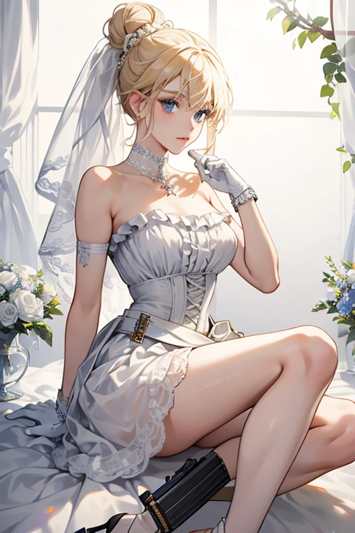 Nina has blue eyes and blonde hair tied in a ponytail. Nina now wears an off-white, strapless wedding gown with a skirt that is torn along her left leg and tattered and stained along the ends. It also has a single white frill design at the end of the asymmetrical bodice. She wears matching off-white long gloves with a white rose ribbon adorning her left glove at the upper arm, a diamond bracelet on her wrist, dangling diamond earrings, and a black and white gun holster holding a handgun and two magazines as well as a red flash bang hand grenade. In this outfit, she wears matching off-white cross-strap heels with off-white straps on her calf holding a black knife holster. She is also adorned with a white wedding veil on her head decorated with two gray flower designs and her blonde hair is tied in a bun while the right side of her hair is loose in a style of ringlets. Underneath her skirt she wears a pair of off-white underwear with a leather belt and silver buckle and leather straps around each leghole. SPARKLE; GLITTER