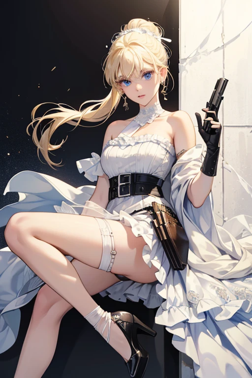 Nina has blue eyes and blonde hair tied in a ponytail. Nina now wears an off-white, strapless wedding gown with a skirt that is torn along her left leg and tattered and stained along the ends. It also has a single white frill design at the end of the asymmetrical bodice. She wears matching off-white long gloves with a white rose ribbon adorning her left glove at the upper arm, a diamond bracelet on her wrist, dangling diamond earrings, and a black and white gun holster holding a handgun and two magazines as well as a red flash bang hand grenade. In this outfit, she wears matching off-white cross-strap heels with off-white straps on her calf holding a black knife holster. She is also adorned with a white wedding veil on her head decorated with two gray flower designs and her blonde hair is tied in a bun while the right side of her hair is loose in a style of ringlets. Underneath her skirt she wears a pair of off-white underwear with a leather belt and silver buckle and leather straps around each leghole. SPARKLE; GLITTER