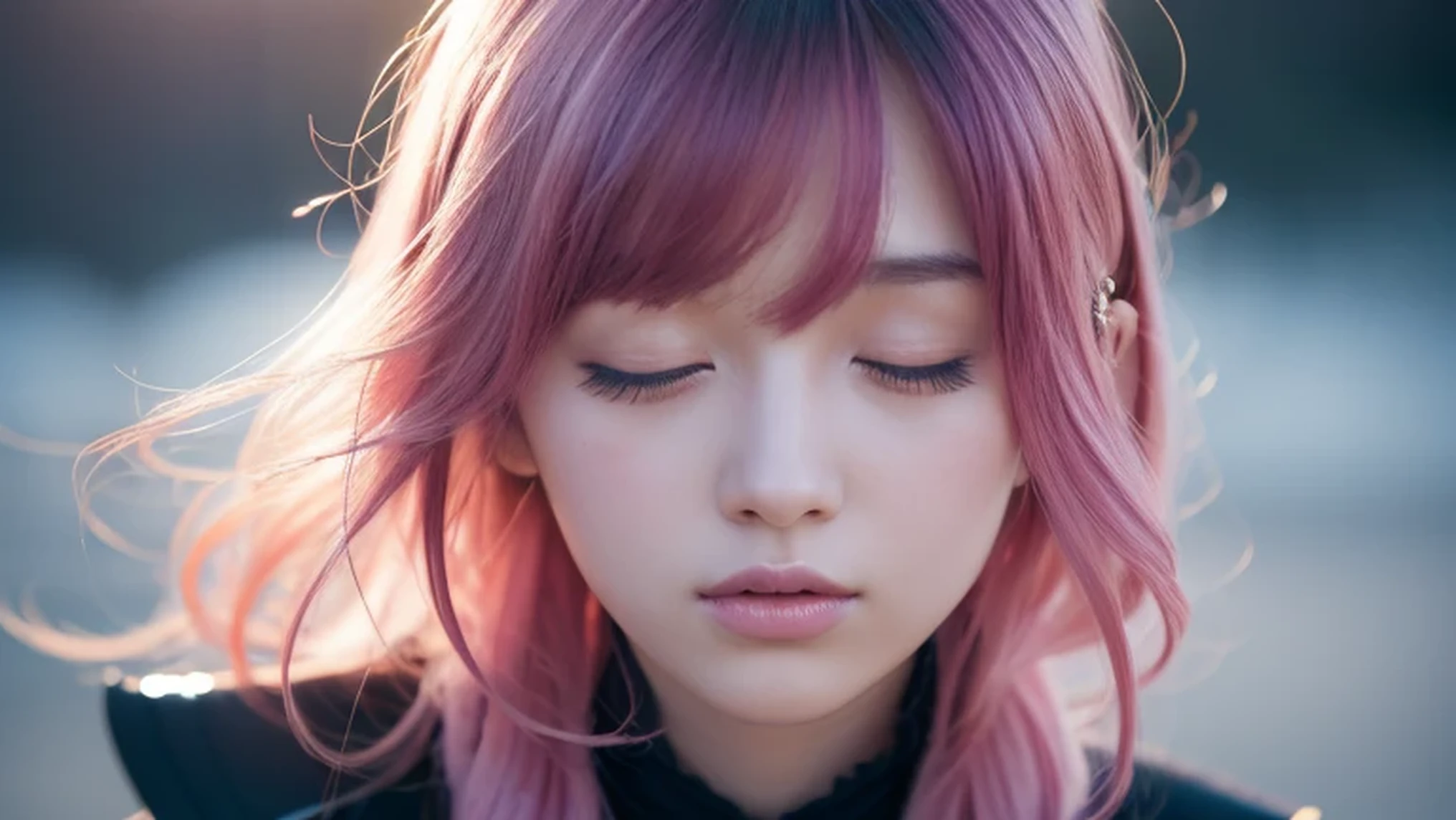 Soft portrait of a beautiful woman, leotard, Detailed face, Anime girl with pink hair and a ribbon in her hair, Fantasy art, Japanese, (((Ultra-realistic))) photograph, (highest quality:1.2, Very detailed, up to date, Vibrant, Ultra-high resolution, High Contrast, masterpiece:1.2, highest quality, Best aesthetics), Textured skin. Spectacular and inspiring cinema lighting, 1girl, black hair, closed eyes