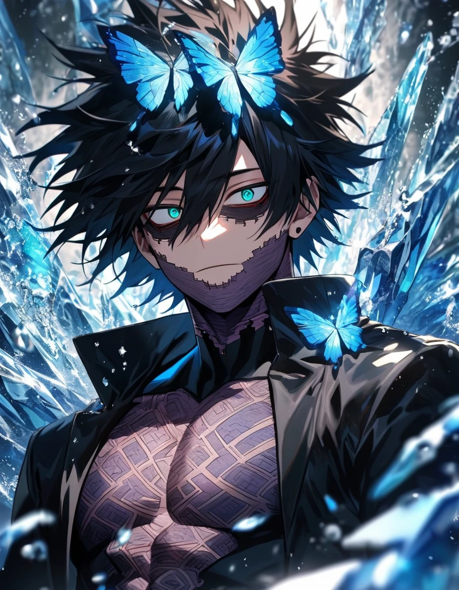 Ultra detailed, Highres, absurdres, HDR, Dabi, black hair that spikes upward around his head, hair between the eyes, expressive turquoise eyes, Boku No Hero Academia, black long coat with patterns, blue ice, petals, extremely handsome, sexy man, solo, extremely detailed eyes and face, black gloves, water, blue ice glittering butterflies, black tight t-shirt, toned chest, glittering, ice blue flowers, blue glass