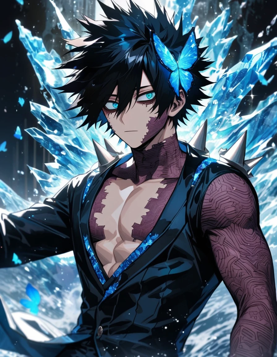 Ultra detailed, Highres, absurdres, HDR, Dabi, black hair that spikes upward around his head, hair between the eyes, expressive turquoise eyes, Boku No Hero Academia, black long coat with patterns, blue ice, petals, extremely handsome, sexy man, solo, extremely detailed eyes and face, black gloves, water, blue ice glittering butterflies, black tight t-shirt, toned chest, glittering, ice blue flowers, blue glass